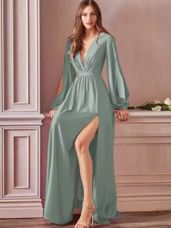 Robe de soirée robe cocktail mariage en satin strech col V manche longue jupe fendue au sol