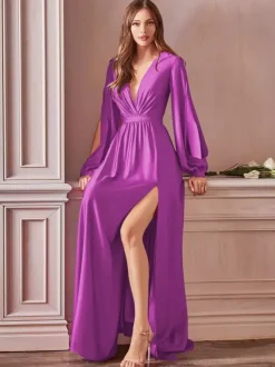 Robe de soirée robe cocktail mariage en satin strech col V manche longue jupe fendue au sol
