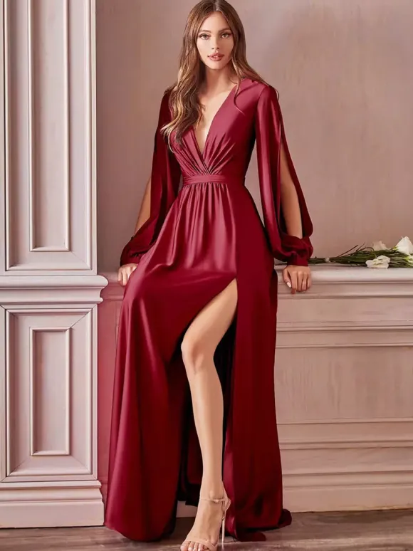 Robe de soirée robe cocktail mariage en satin strech col V manche longue jupe fendue au sol
