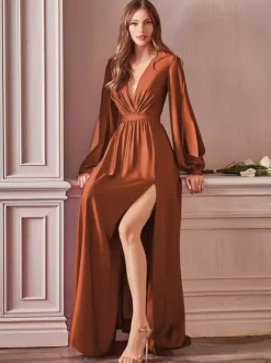 Robe de soirée robe cocktail mariage en satin strech col V manche longue jupe fendue au sol