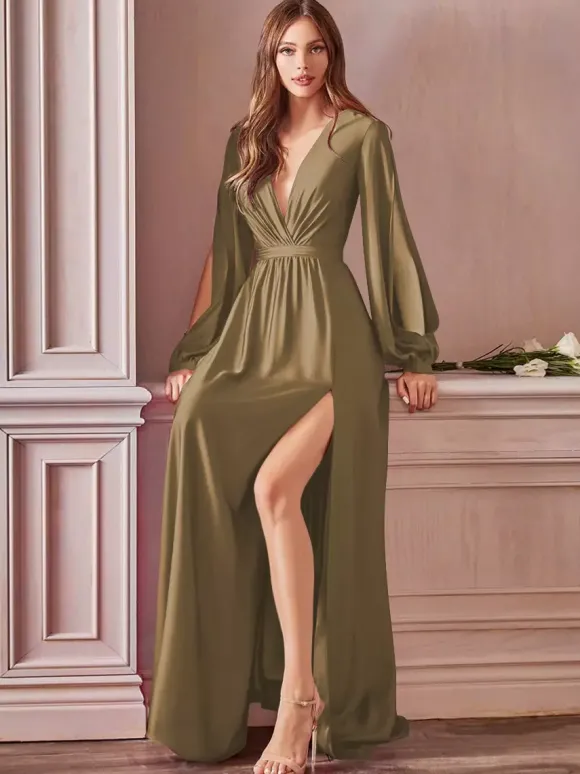 Robe de soirée robe cocktail mariage en satin strech col V manche longue jupe fendue au sol