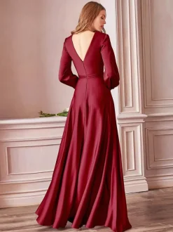Robe de soirée robe cocktail mariage en satin strech col V manche longue jupe fendue au sol