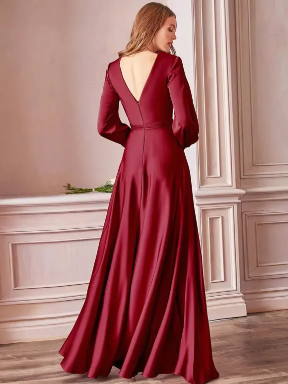 Robe de soirée robe cocktail mariage en satin strech col V manche longue jupe fendue au sol