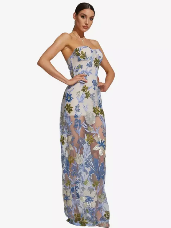 Robe de soirée robe de bal bustier longue sans manches fermeture éclair sequins dentelle robe de fête