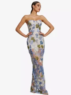 Robe de soirée robe de bal bustier longue sans manches fermeture éclair sequins dentelle robe de fête