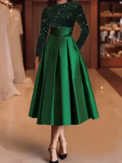 Robe de soirée robe de bal col bijou tissu satiné longueur thé paillettes robes de soirée formelles