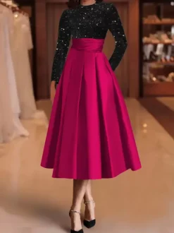 Robe de soirée robe de bal col bijou tissu satiné longueur thé paillettes robes de soirée formelles