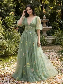 Robe de soirée robe de bal col en V robe de cérémonie longue en dentelle