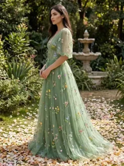 Robe de soirée robe de bal col en V robe de cérémonie longue en dentelle