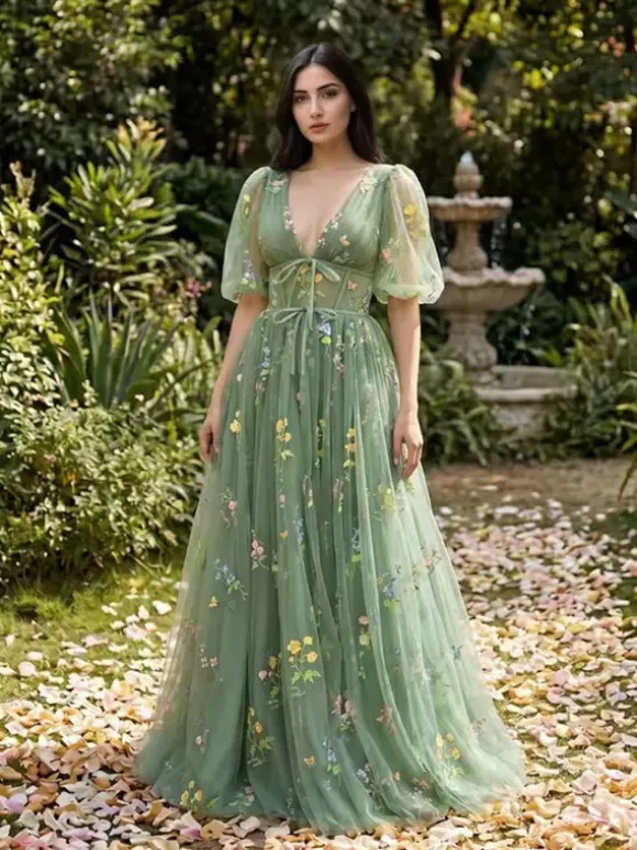 Robe de soirée robe de bal col en V robe de cérémonie longue en dentelle