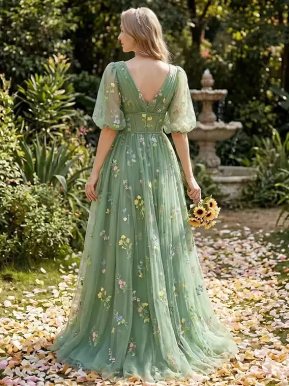 Robe de soirée robe de bal col en V robe de cérémonie longue en dentelle