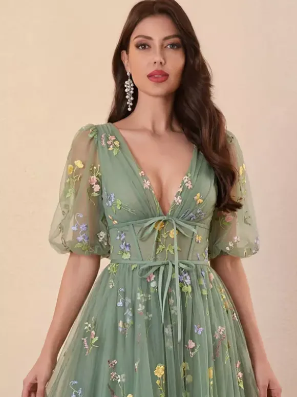 Robe de soirée robe de bal col en V robe de cérémonie longue en dentelle