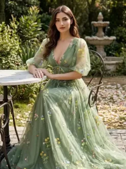 Robe de soirée robe de bal col en V robe de cérémonie longue en dentelle