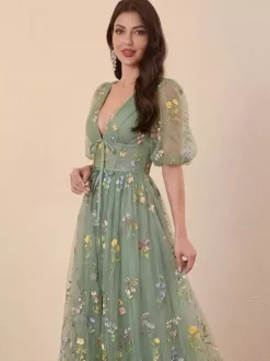 Robe de soirée robe de bal col en V robe de cérémonie longue en dentelle