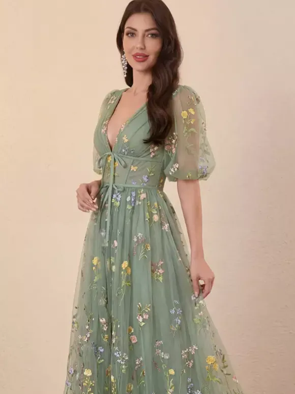 Robe de soirée robe de bal col en V robe de cérémonie longue en dentelle