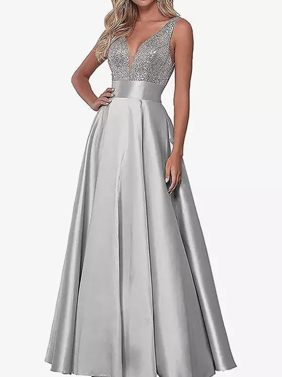 Robe de soirée robe de bal col V jupe plissée au sol