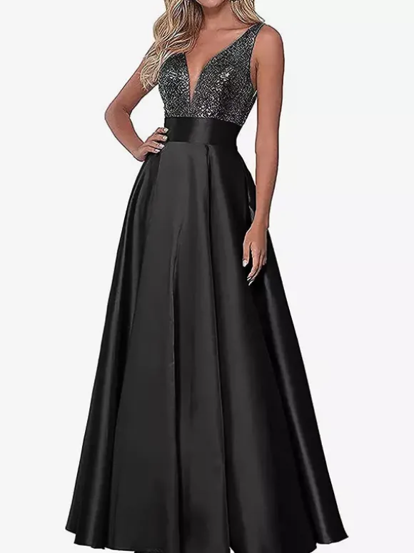 Robe de soirée robe de bal col V jupe plissée au sol