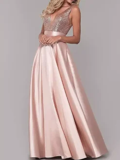 Robe de soirée robe de bal col V jupe plissée au sol