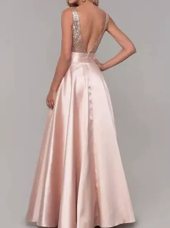 Robe de soirée robe de bal col V jupe plissée au sol
