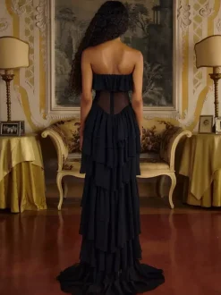 Robe de soirée robe de bal décolleté travaillé avec traîne sans manches lacée à volants en tulle robe de cérémonie