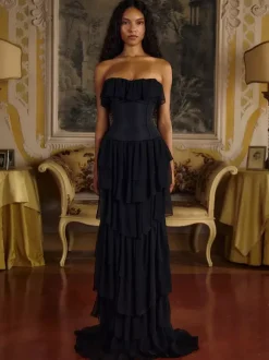 Robe de soirée robe de bal décolleté travaillé avec traîne sans manches lacée à volants en tulle robe de cérémonie