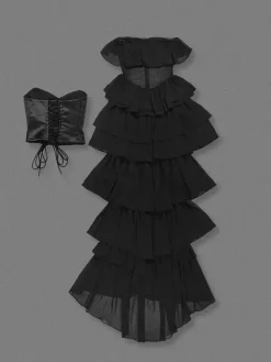Robe de soirée robe de bal décolleté travaillé avec traîne sans manches lacée à volants en tulle robe de cérémonie