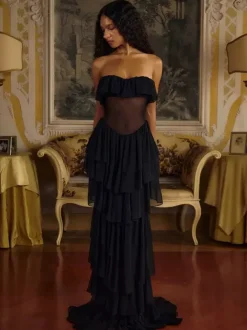 Robe de soirée robe de bal décolleté travaillé avec traîne sans manches lacée à volants en tulle robe de cérémonie