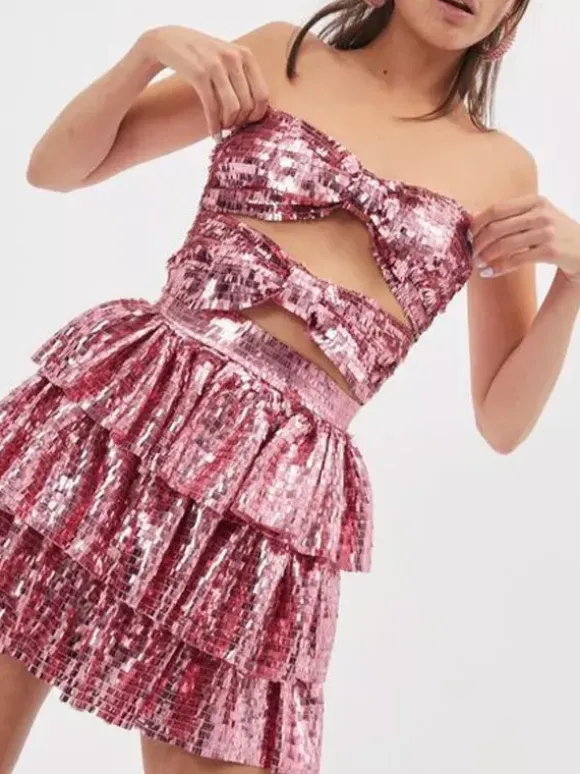 Robe de soirée rose bustier plissée sans manches dos nu sexy