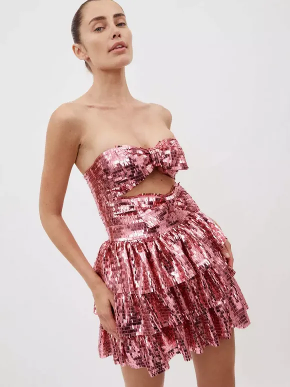 Robe de soirée rose bustier plissée sans manches dos nu sexy