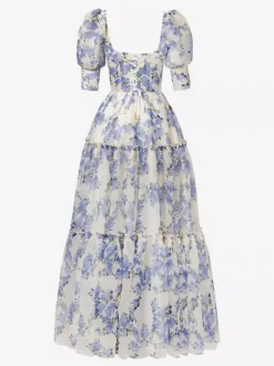 Robe De Soirée Rose Fleurie Longue Col Bateau Volants Manches Courtes Robe Semi-Formelle