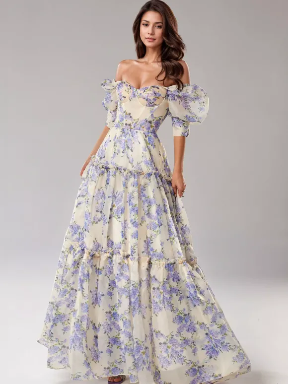 Robe De Soirée Rose Fleurie Longue Col Bateau Volants Manches Courtes Robe Semi-Formelle