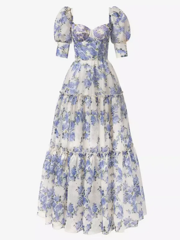 Robe De Soirée Rose Fleurie Longue Col Bateau Volants Manches Courtes Robe Semi-Formelle