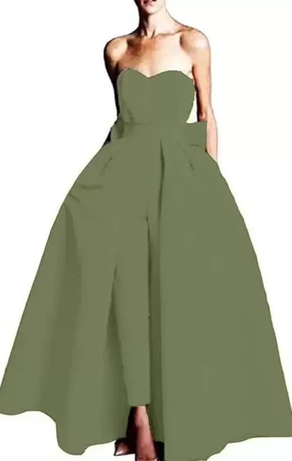 Robe de soirée rouge bustier tissu de satin 2 pièces combi-pantalon et jupe