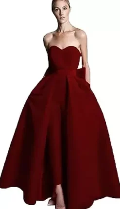 Robe de soirée rouge bustier tissu de satin 2 pièces combi-pantalon et jupe