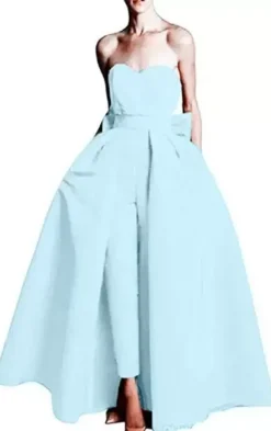 Robe de soirée rouge bustier tissu de satin 2 pièces combi-pantalon et jupe
