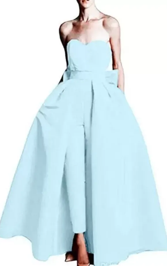 Robe de soirée rouge bustier tissu de satin 2 pièces combi-pantalon et jupe