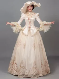 Robe de Soirée Rétro Costumes Femmes Imprimé Fleurs Volants Polyester Marie Antoinette Déguisement Tunique Chapeau Robe Vintage