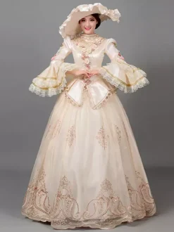 Robe de Soirée Rétro Costumes Femmes Imprimé Fleurs Volants Polyester Marie Antoinette Déguisement Tunique Chapeau Robe Vintage