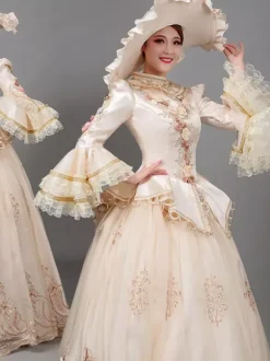 Robe de Soirée Rétro Costumes Femmes Imprimé Fleurs Volants Polyester Marie Antoinette Déguisement Tunique Chapeau Robe Vintage