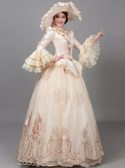Robe de Soirée Rétro Costumes Femmes Imprimé Fleurs Volants Polyester Marie Antoinette Déguisement Tunique Chapeau Robe Vintage
