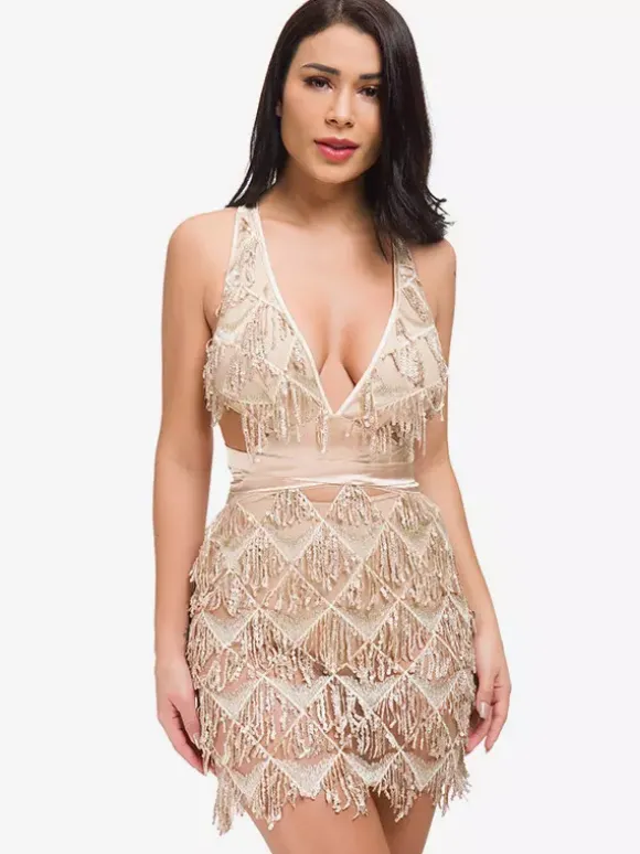 Robe de soirée sexy à franges sans manches pour femme