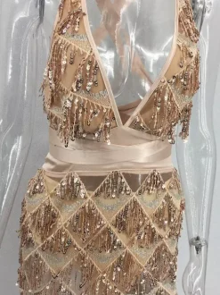 Robe de soirée sexy à franges sans manches pour femme