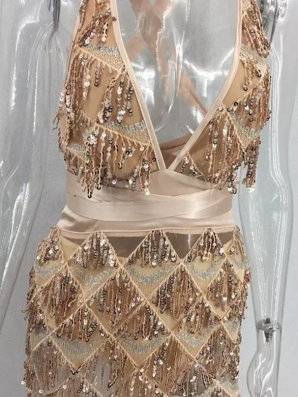 Robe de soirée sexy à franges sans manches pour femme