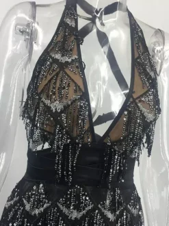Robe de soirée sexy à franges sans manches pour femme