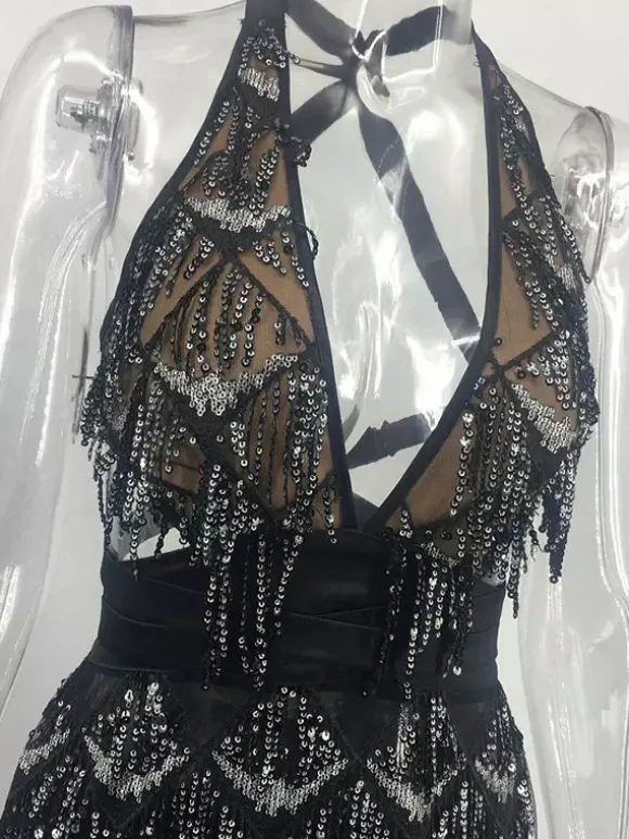 Robe de soirée sexy à franges sans manches pour femme