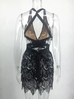 Robe de soirée sexy à franges sans manches pour femme