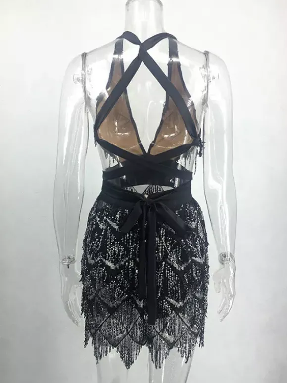 Robe de soirée sexy à franges sans manches pour femme
