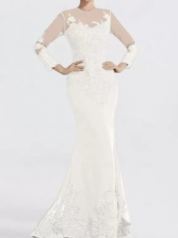 Robe de soirée sirène col en V traîne courte manches longues fermeture éclair appliques paillettes robes de soirée formelles