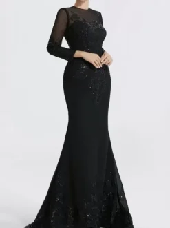 Robe de soirée sirène col en V traîne courte manches longues fermeture éclair appliques paillettes robes de soirée formelles
