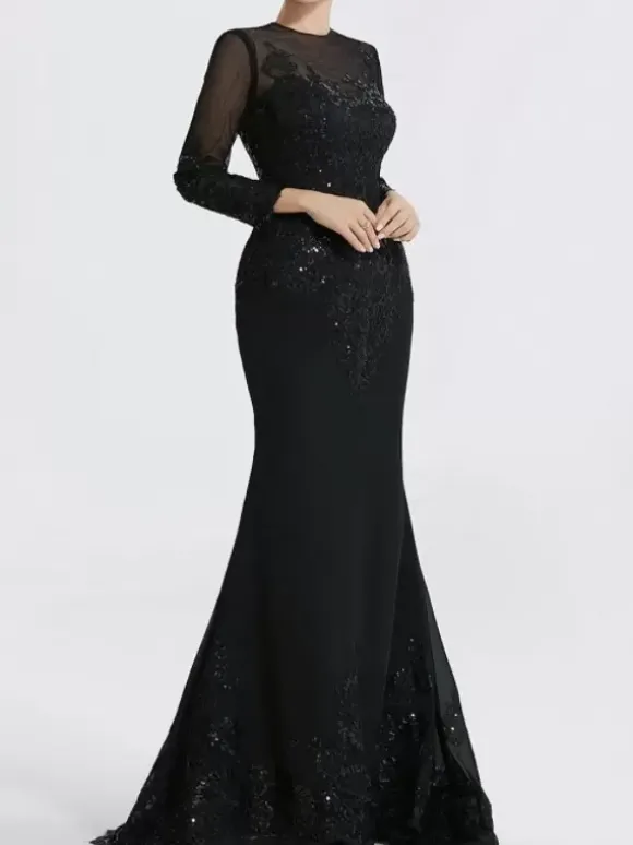 Robe de soirée sirène col en V traîne courte manches longues fermeture éclair appliques paillettes robes de soirée formelles